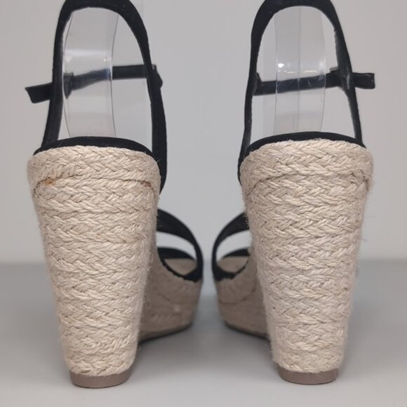 Revamped Faux Suede Espadrille Wedge Sandals High Heels Womens Size 7 Black - Picture 5 of 10